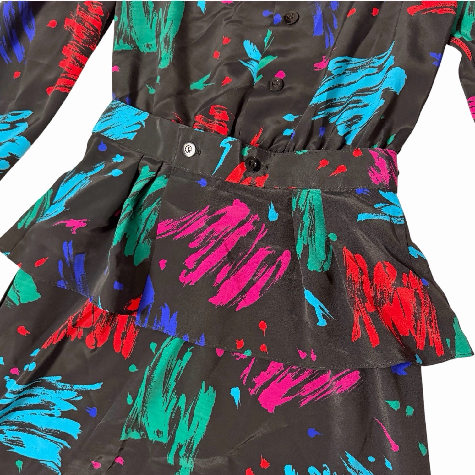 Vintage 80s LANZ Abstract Brushstroke Midi Dress Belted Peplum Pockets Small ?