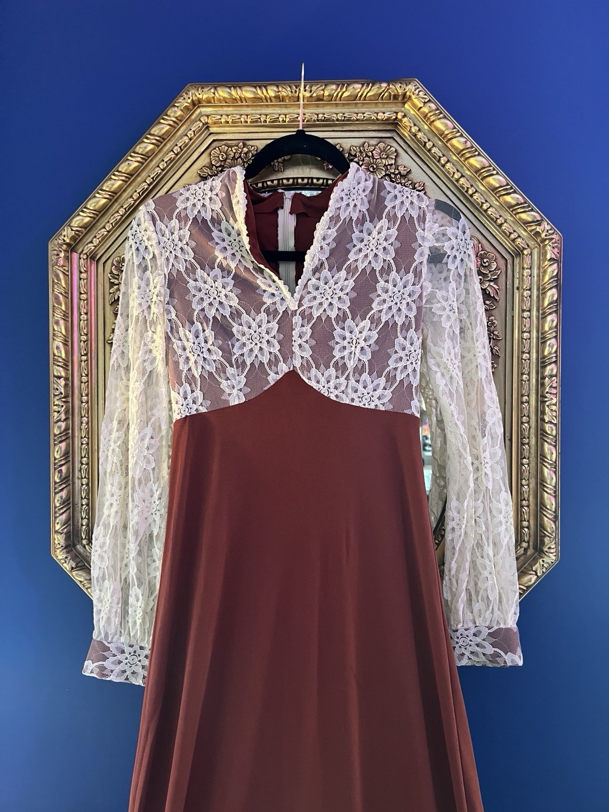 Handmade Vintage Dress 70s Cream Lace Rust Burgundy Gown Maxi Long Sleeve S/M