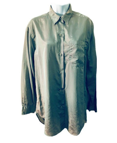 Agnes B Rare Vintage iridescent gray Green Collar Long Sleeve Top Blouse Shirt M