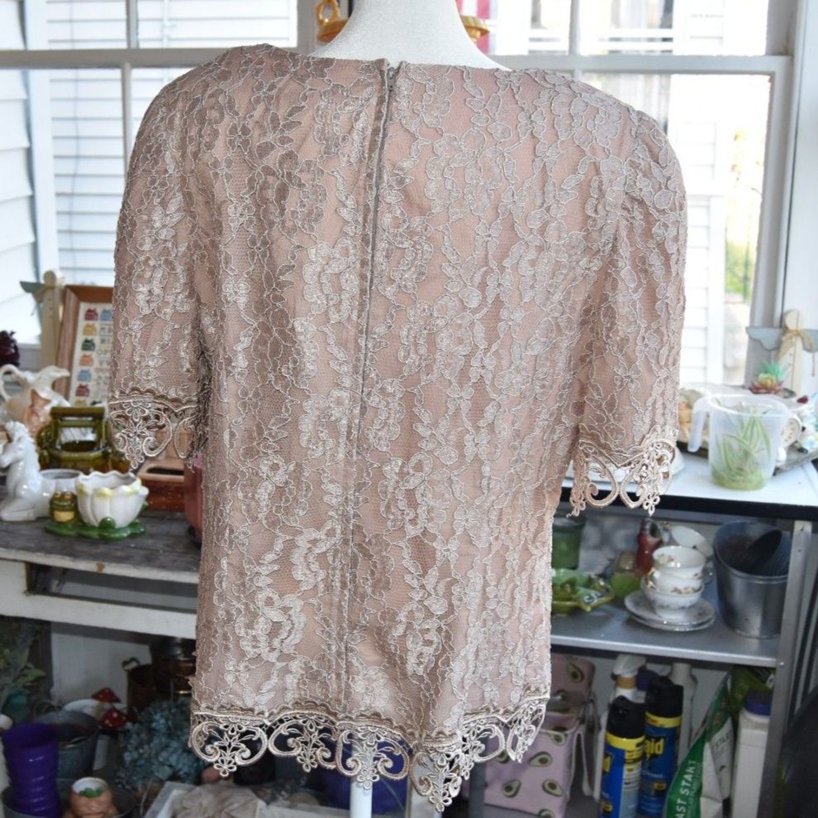Vintage Cachet Lace Blouse Brown Sheer Evening Top Romantic Boho XL