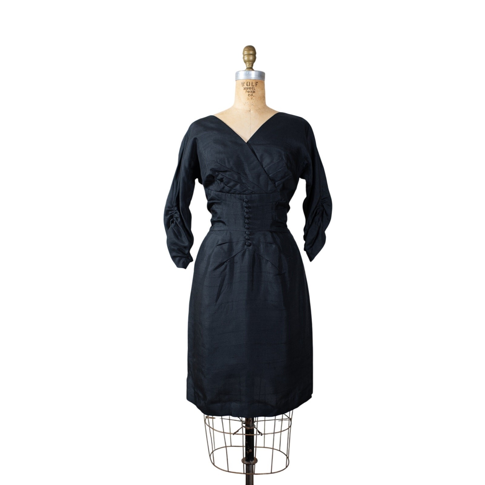 Vintage 50s Black Dupioni Silk Cocktail Dress, Wiggle LBD Glam Pinup Party, Med