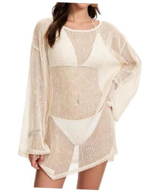 Swimsuit Coverup for Women, Crochet Sheer Beach Dress Summer Sexy Slit Beige