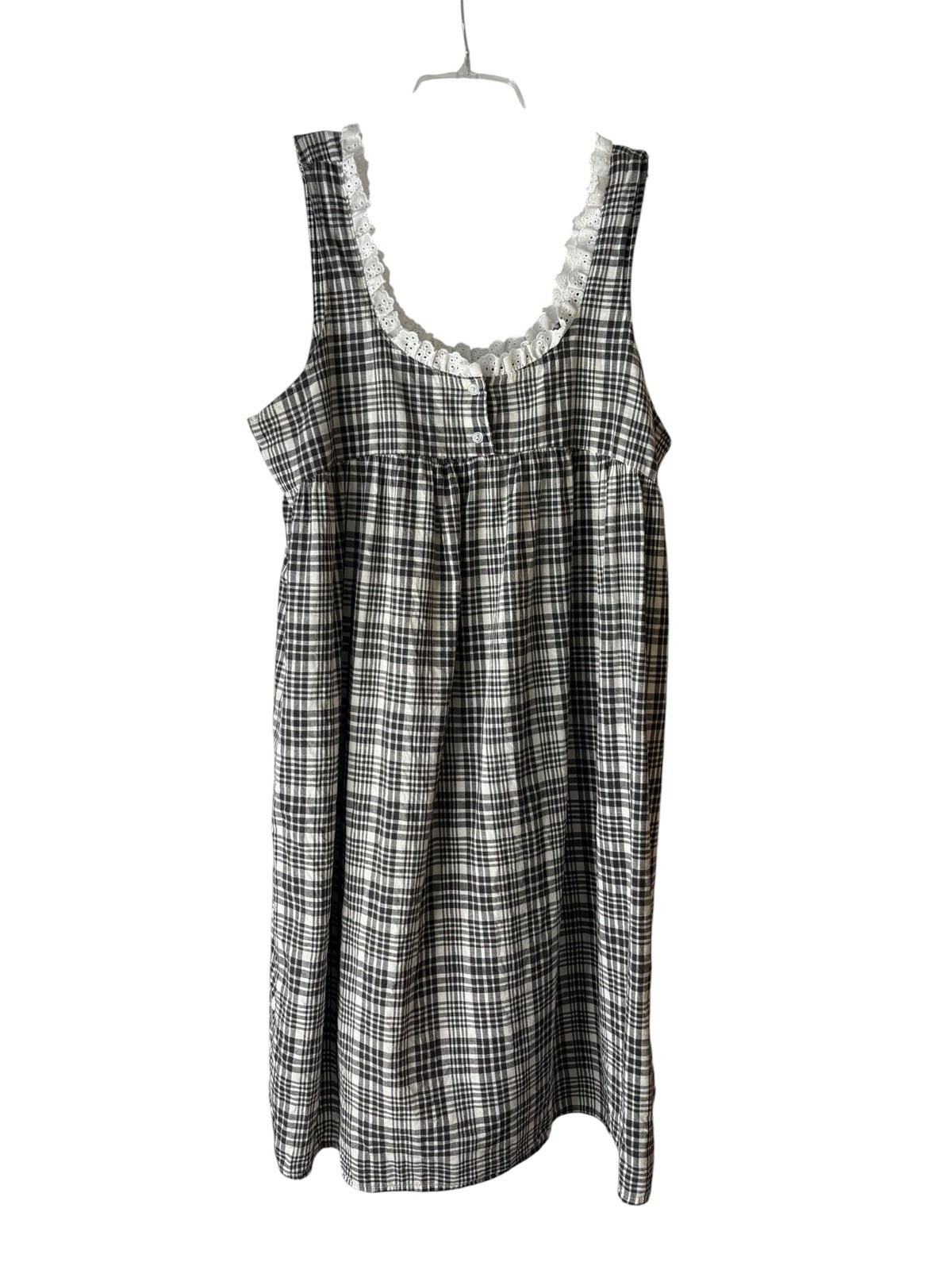 Vintage Papillon Paula Carbone Nightgown Black White Plaid Eyelet Cottagecore L
