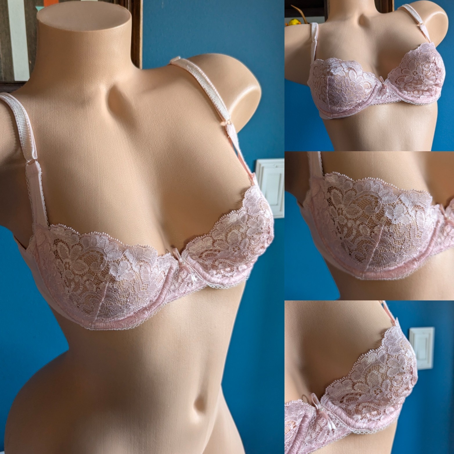 80s VTG Victoria’s Secret Lace Bra 34B Sheer Sexy Pale Pink VS Demi Scalloped