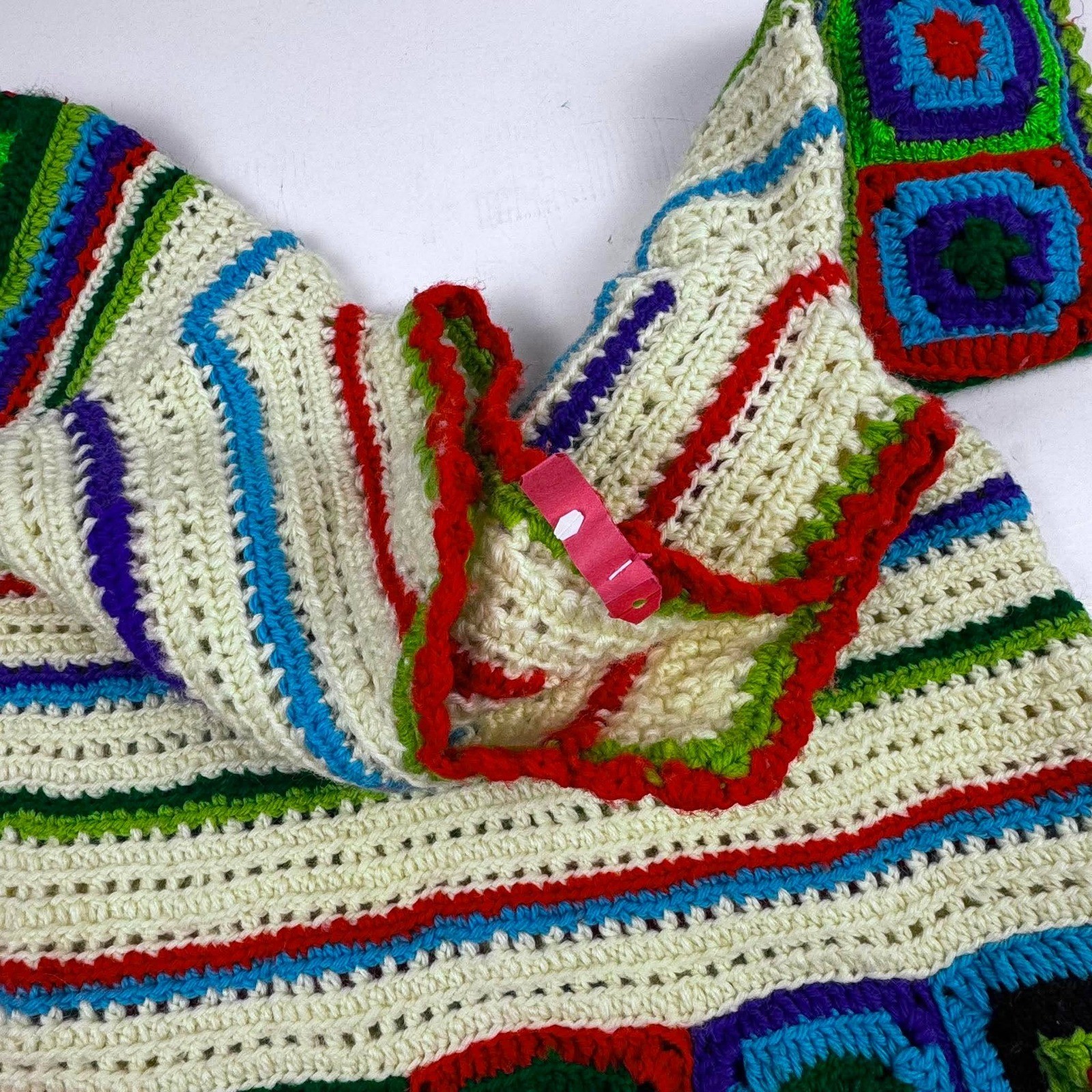 Vtg 70’s Crochet Granny Square Top Wool Rainbow Retro One Size See Measurements