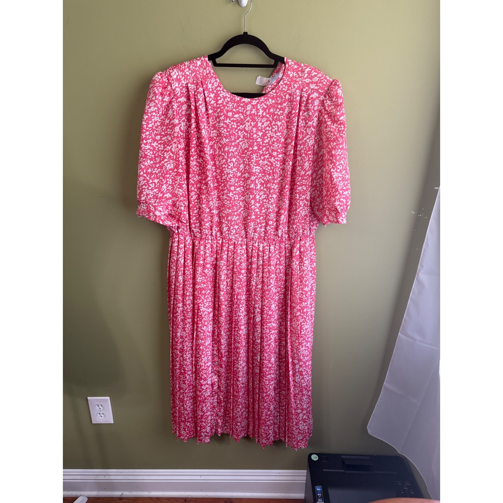 Vintage Lorac Original Pink Floral Pleated Midi Dress ILGWU Made in USA Size XL