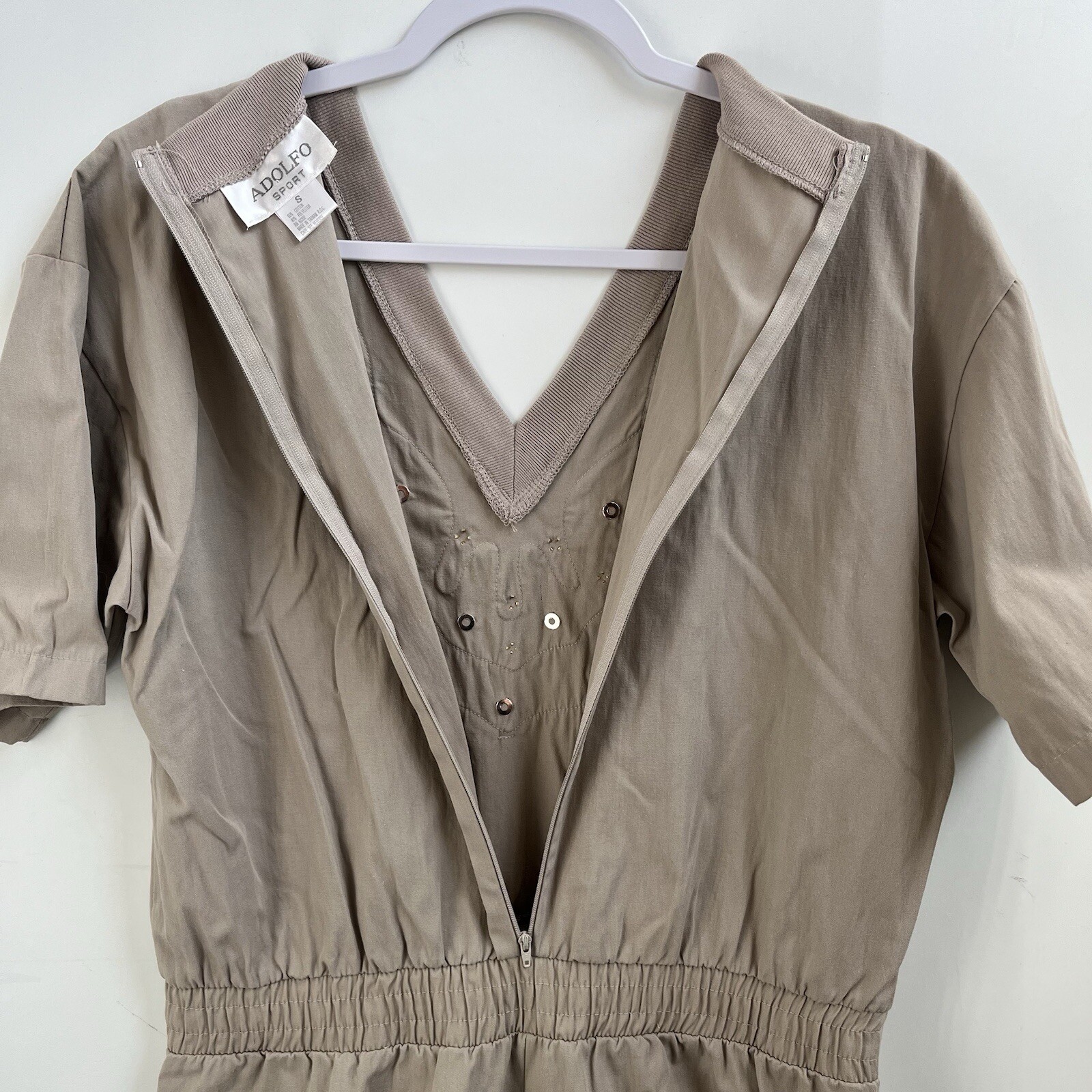 Vintage 80’s Adolfo Sport Khaki Romper Elastic Waist Beading/Studs/Rhinestones