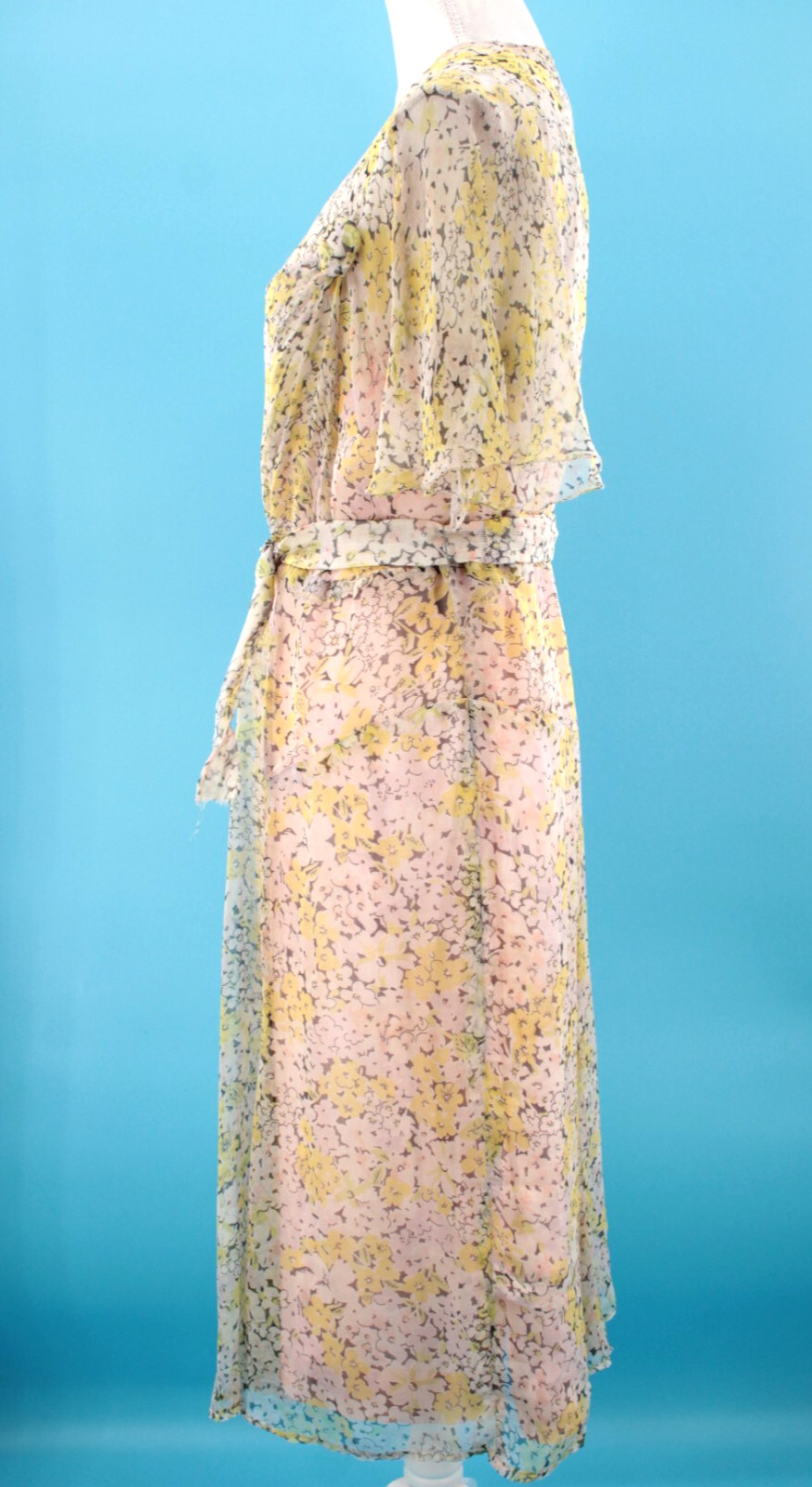 Vtg Women’s 30s Sheer Cream & Yellow Floral Pink Lining Chiffon Dress M/L 1930s