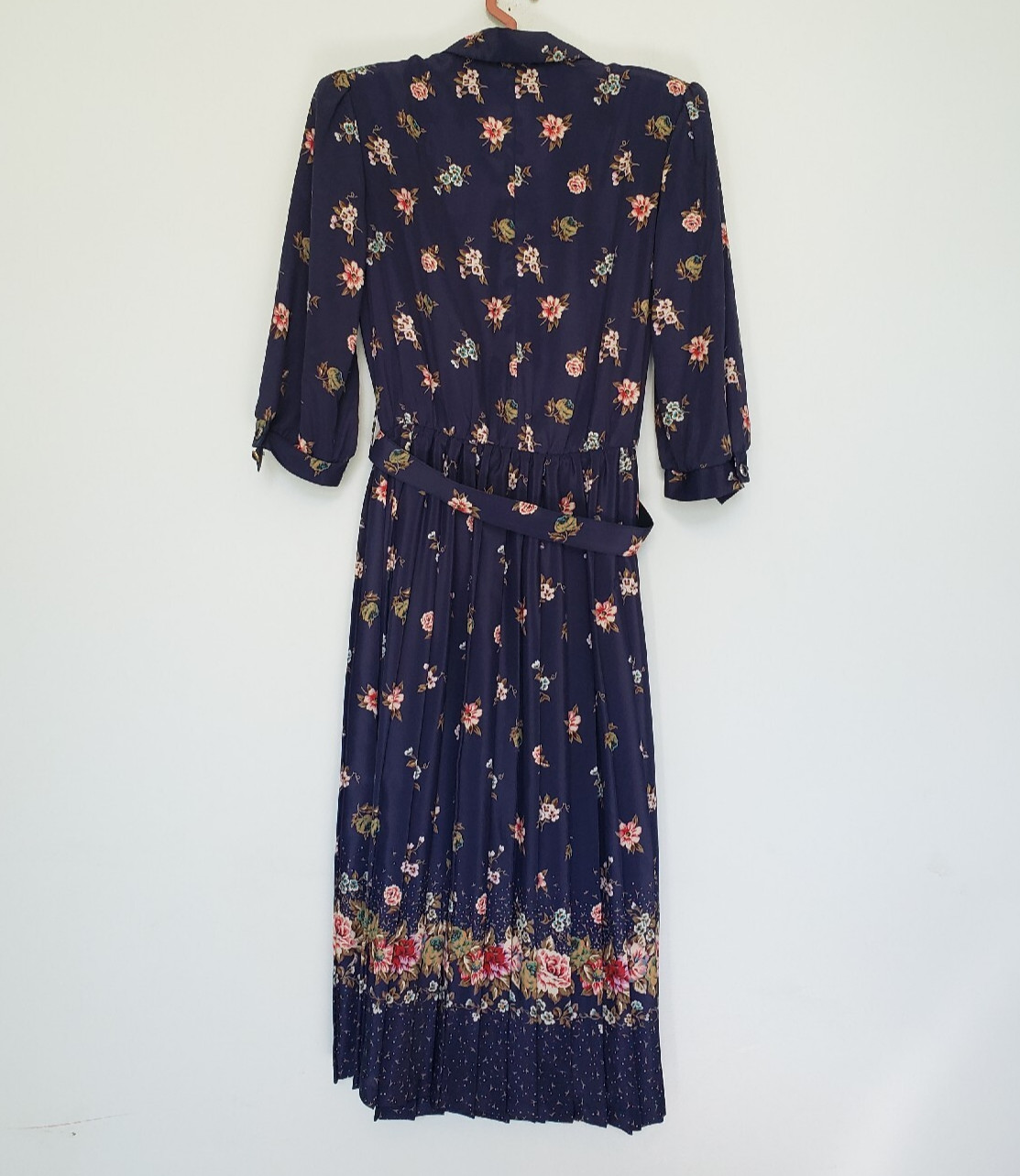 Vtg Breli Originals Women’s 10 Midi Dress Blue Floral 3/4 Sleeve Belted Pleated