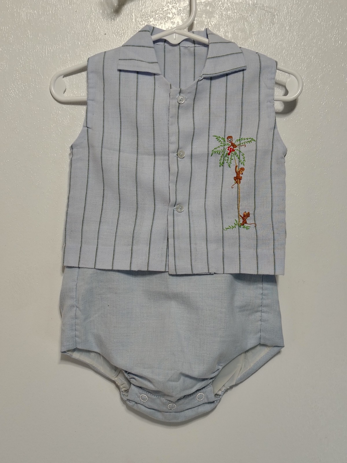 Infant Boy 60s/70s 2 Pc Striped Romper Set With Monkeys (Measurements In Photos)