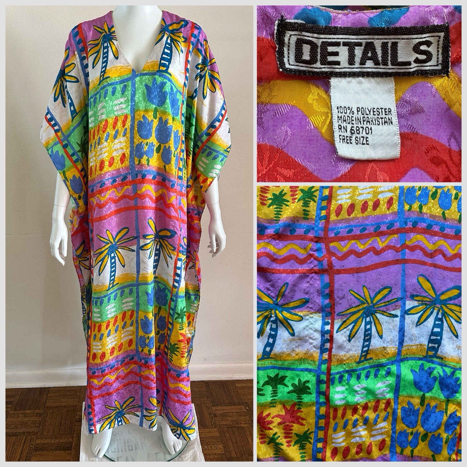 1990s Details Tropical Brocade Loungewear Dress Caftan Mumu Maxi Resort 80s VTG