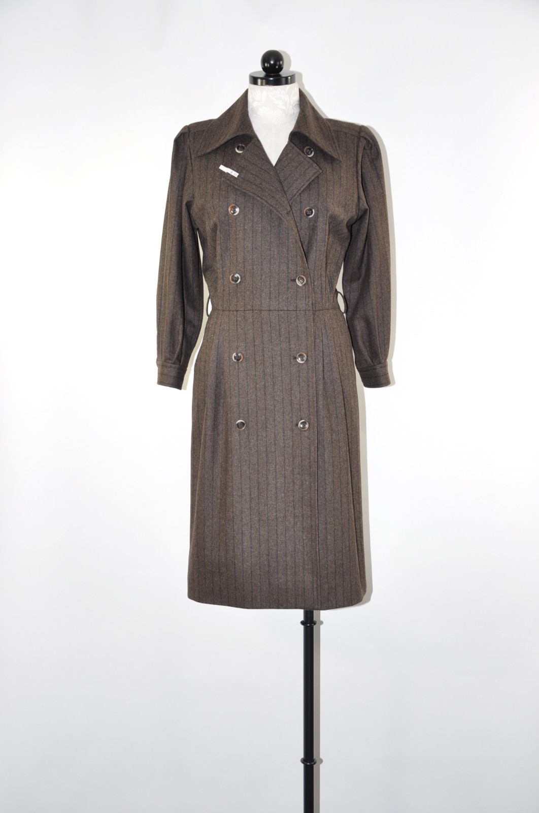 80s Vintage Saint Laurent Rive Gauche Brown Stripe Wool Tweed Coat Dress Women M
