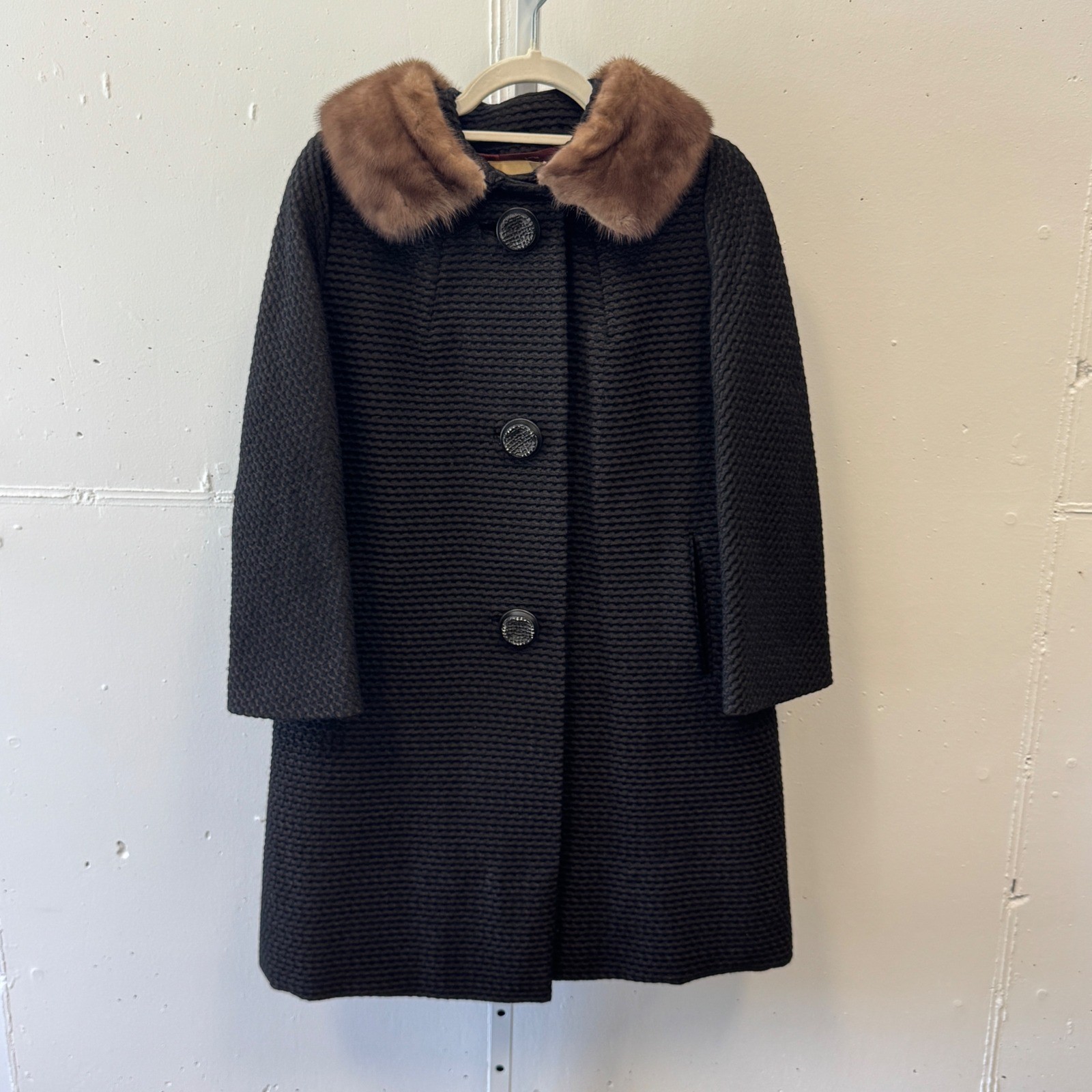 Vintage John Wanamaker Fur Collar Textured Wool Overcoat ILGWU Union Made Black