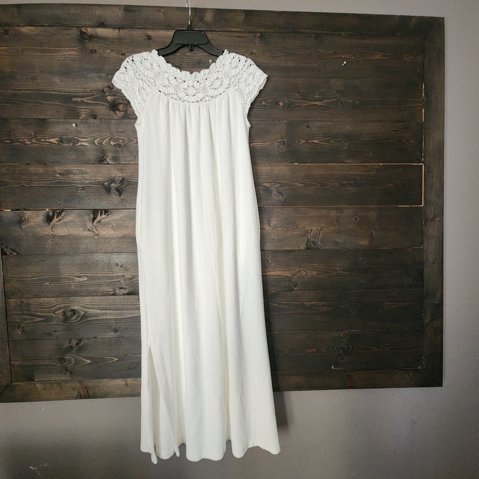 Vtg 80a Miss Elaine Terry Cloth Nightgown Maxi Dress Small White Crochet Lace