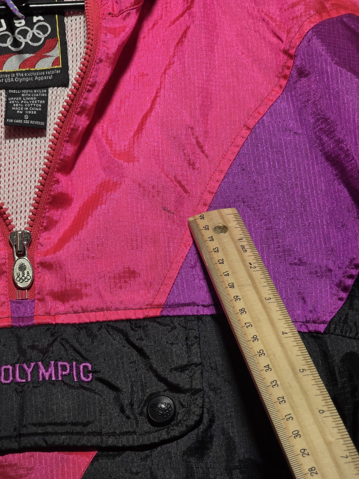 Vintage 90s USA Olympic Windbreaker Pullover Jacket Pink Black Size Small