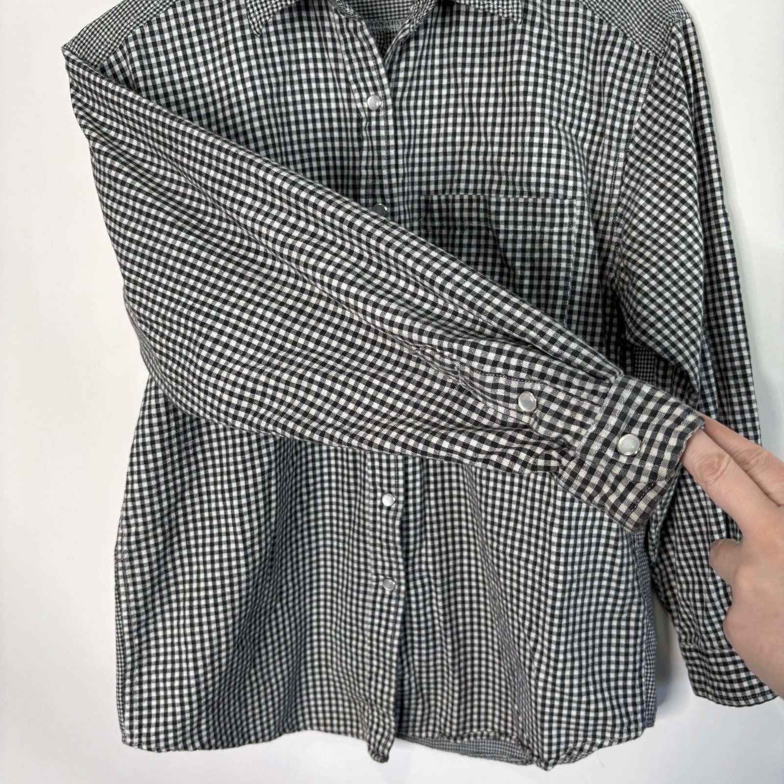 Vintage Bonjour Button Up Gingham Plaid Black White Long Sleeve Womens size M