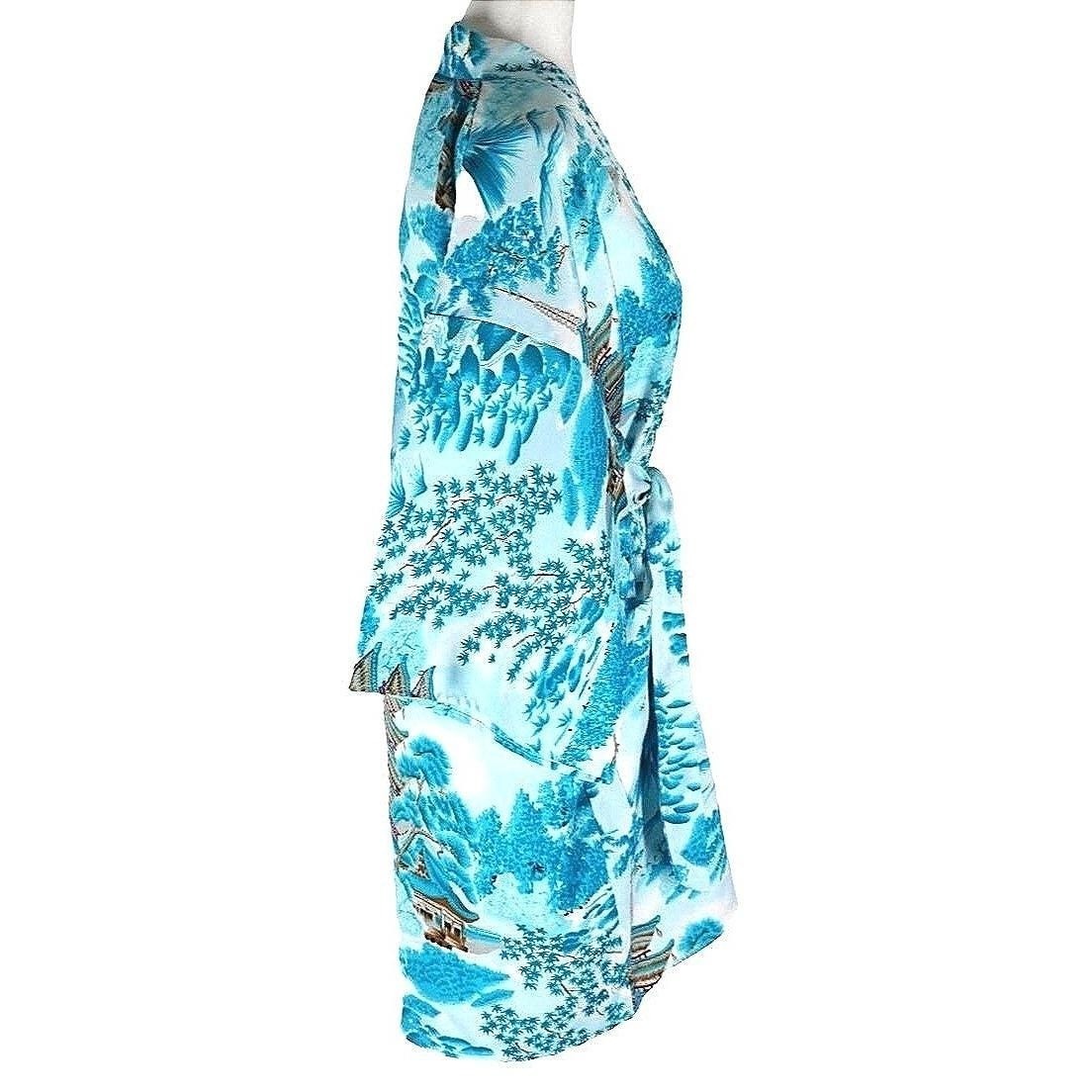 Vintage Japanese Kimono Robe Women Medium Turquoise White Landscape Made Japan