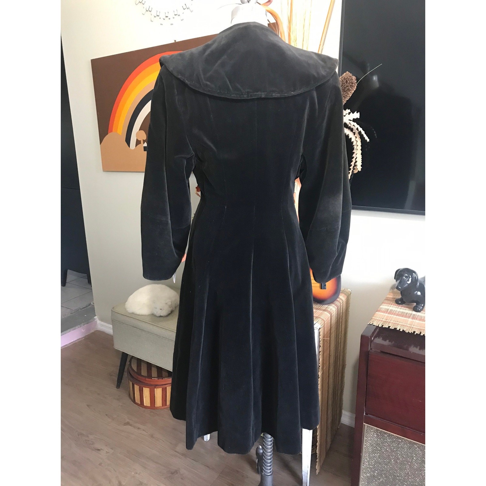 Vintage 1940s Black Cotton Velvet Coat Satiny Acetate Lining Pleated Back