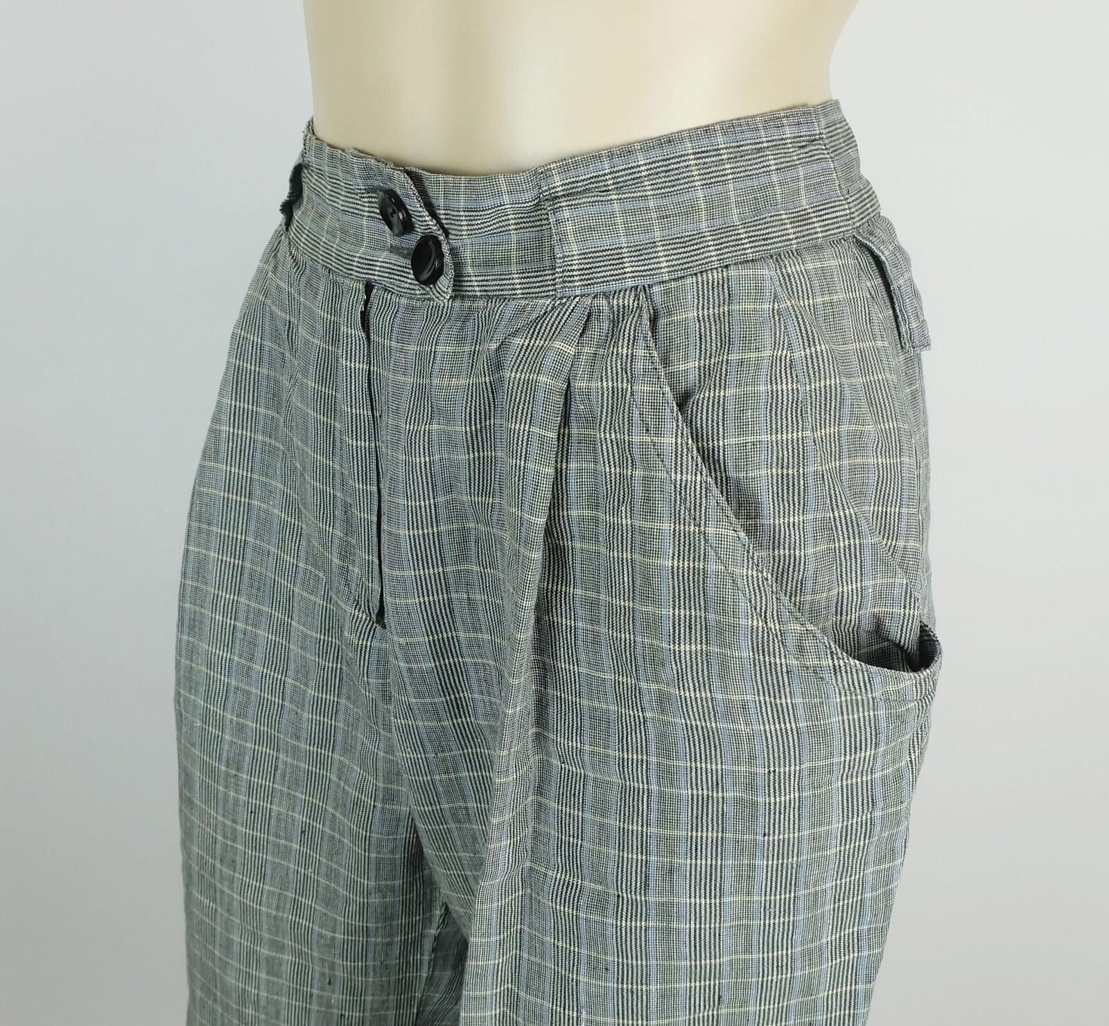 Vintage 1980s Linen Pants RENE LEZARD Plaid Cuffed Wide Leg Pants 38/40