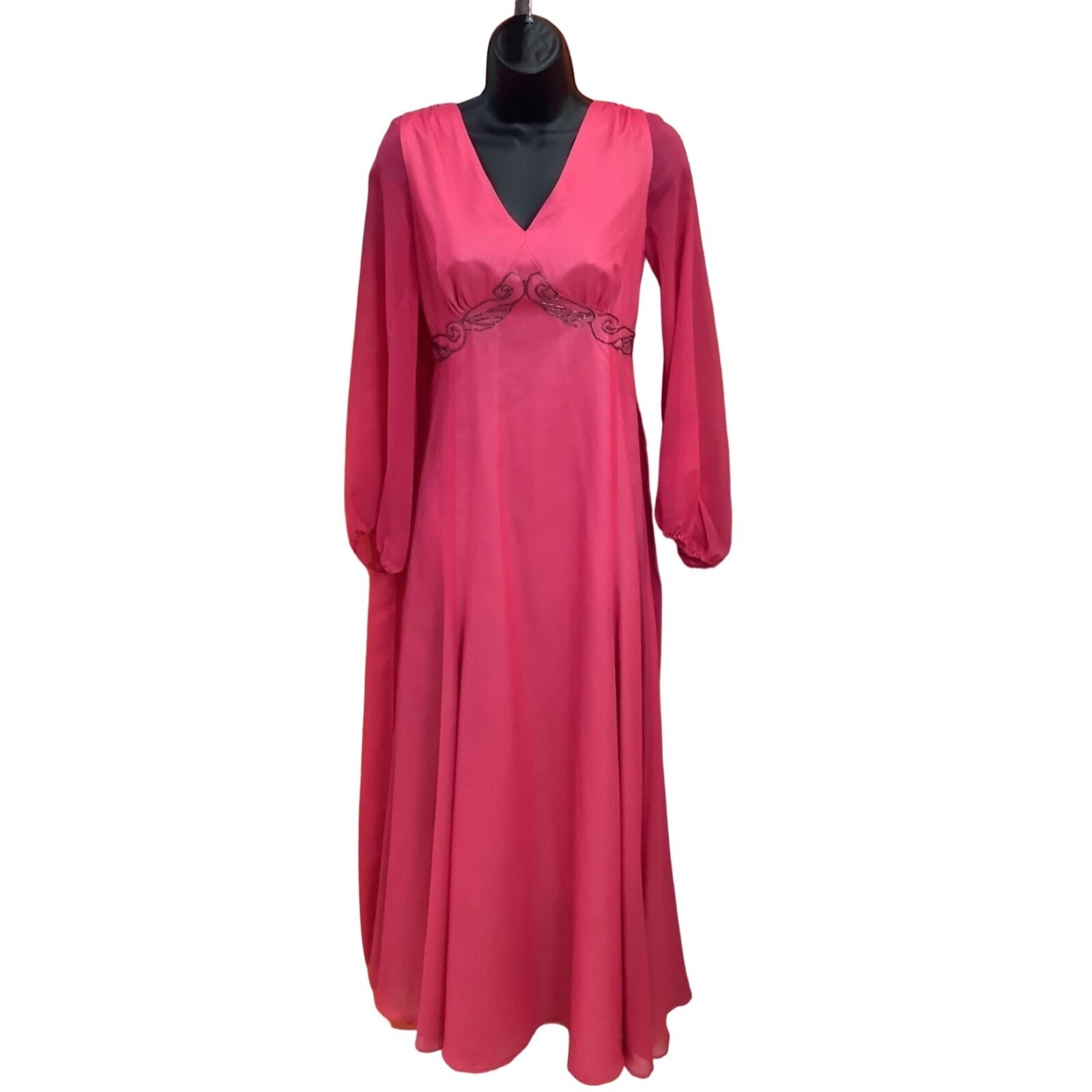 Vintage 1960’s Chiffon Pink Beaded Empire Waist Evening Gown with Waterfall/Cape