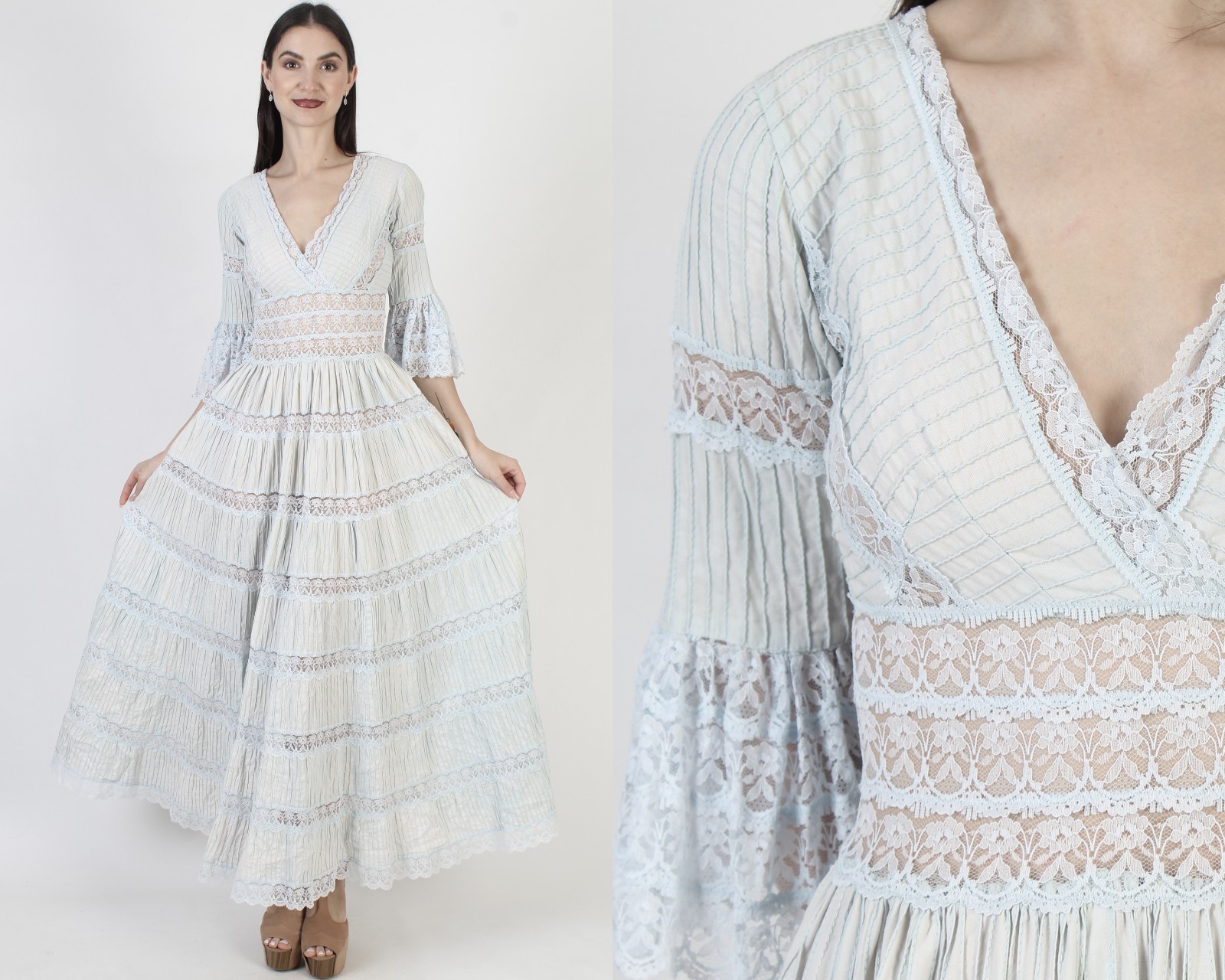 Mexican Pintuck Wedding Dress Vtg Blue Folklorico Puebla Bell Angel Sleeve Gown