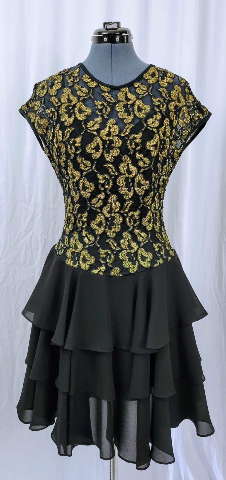 Vintage Late Edition Gold & Black Lace Bodice Dress w Tiered Skirt Size 10