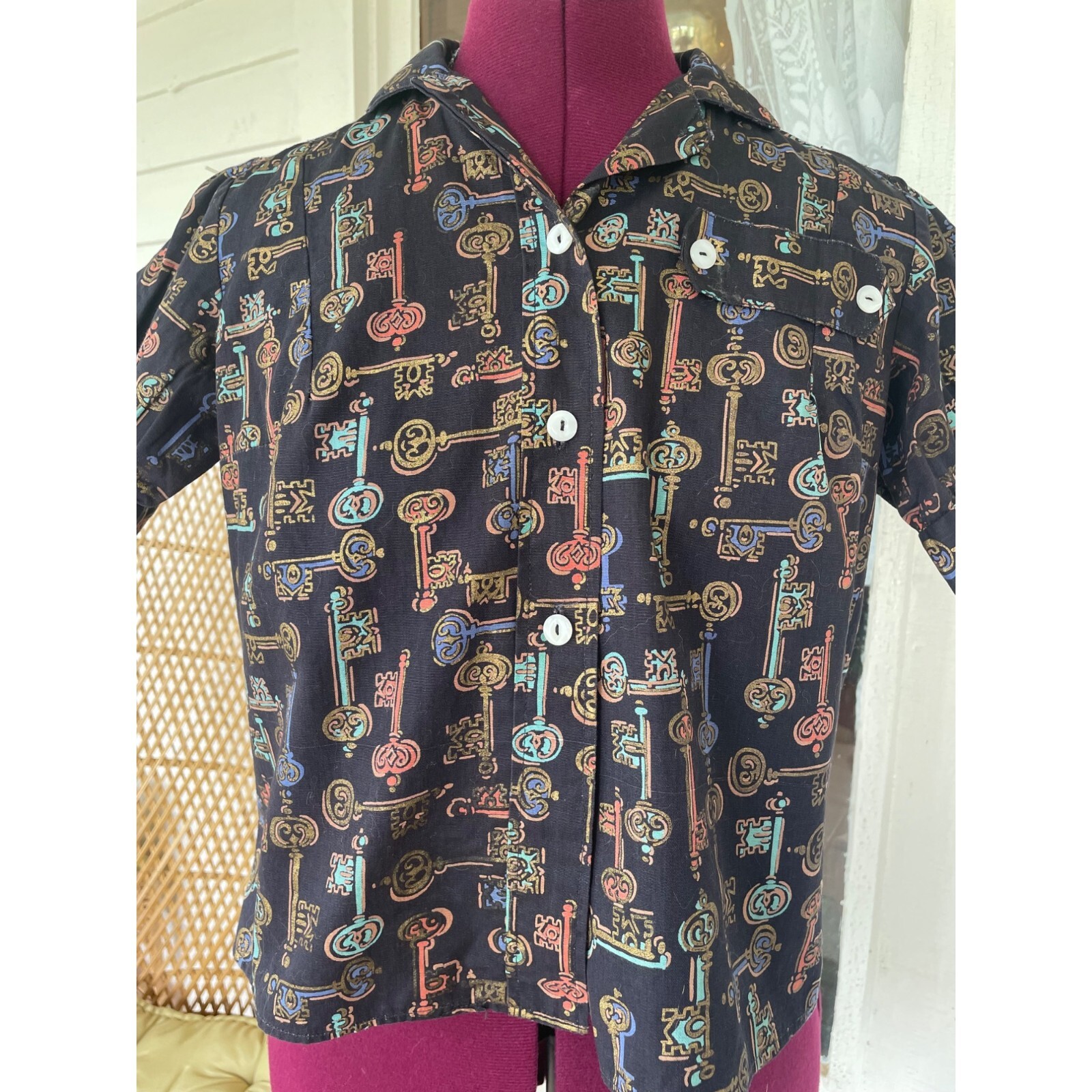 Vintage 1960s Skeleton Key Print Blouse With Puff Sleeves Black Grosgrain Size S