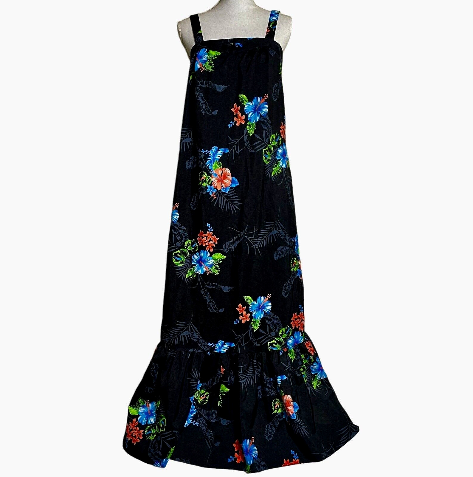 Ja Na of Hawaii Size 6 Sleeveless Maxi Dress 1970s Day Glo Hibiscus Frangipani