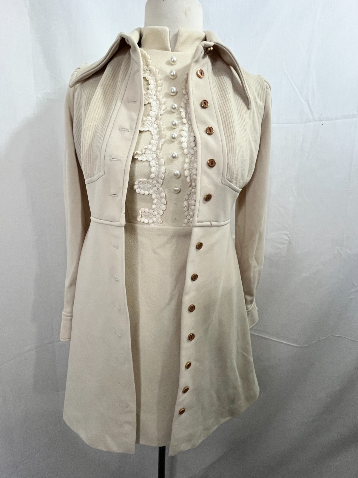 Vintage 1960s Womens Polyester Ivory Cream Mini Dress Coat Set Go-Go XS