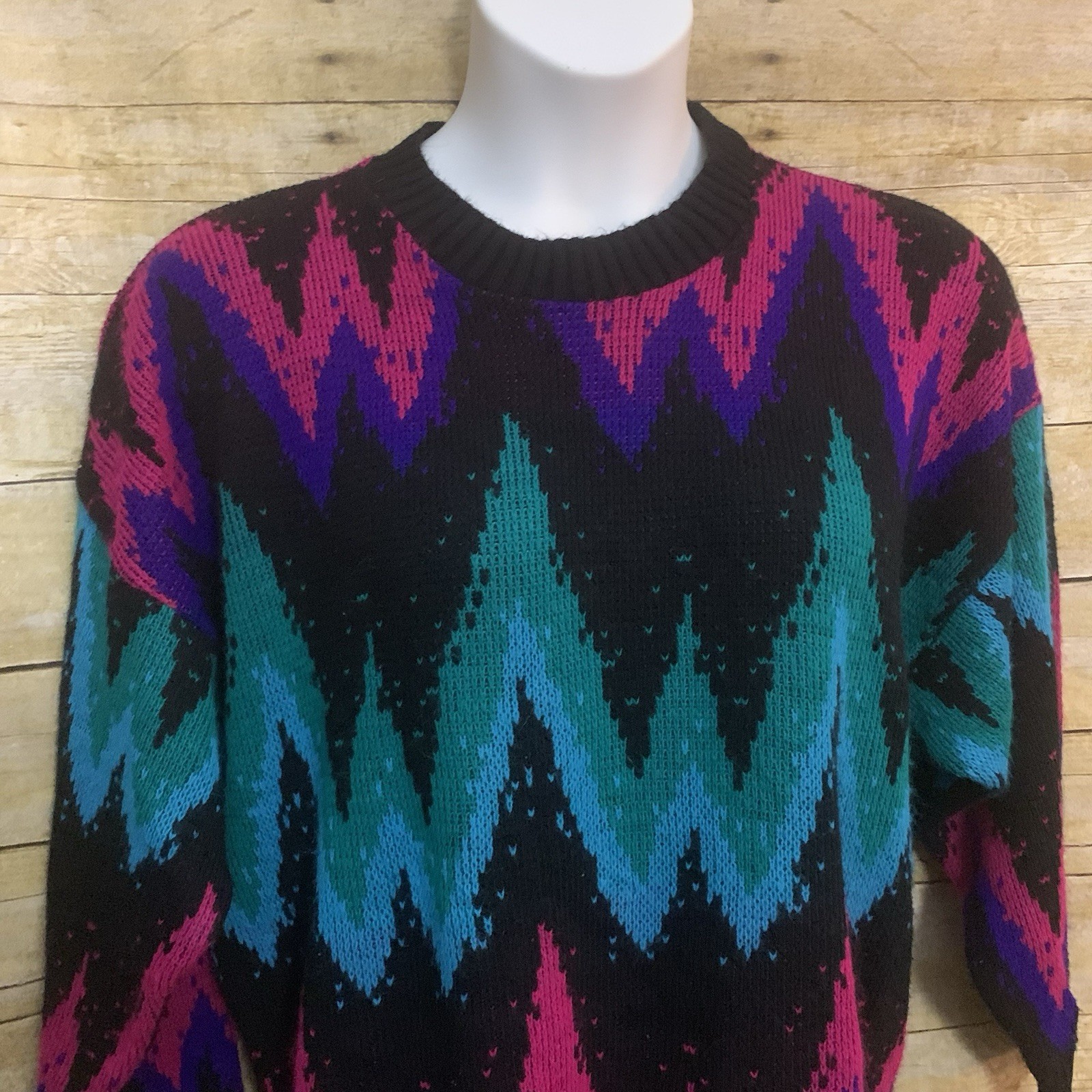 VTG Classic Essentials Size 24W Sweater Black Pink Blue Green Geometric Pattern