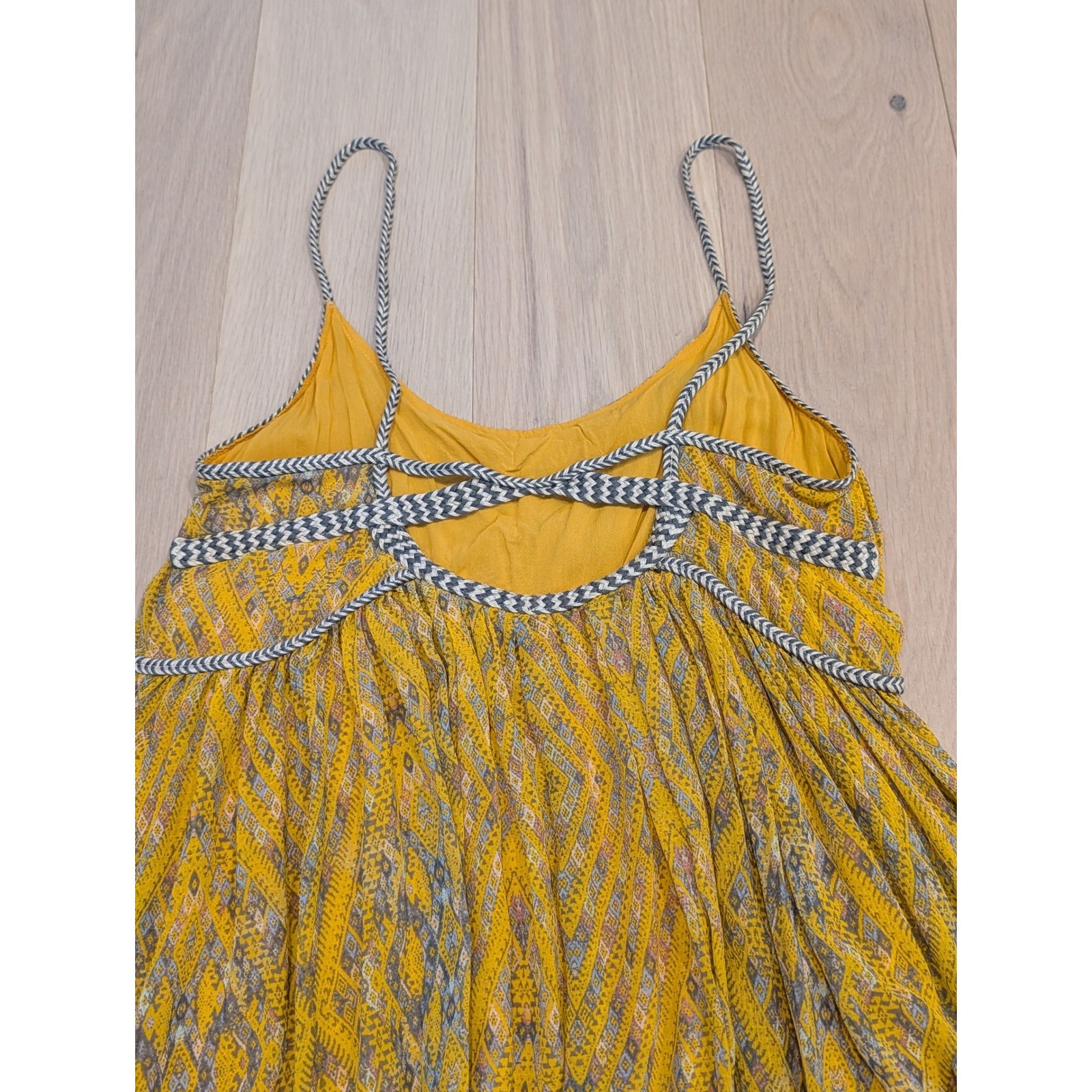 Free People Boho Yellow Geometric Mini Dress Braided Trim Small
