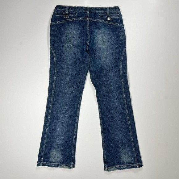 Vintage Y2K Flared Crest Jeans with Rhinestone and Side Seam Embellishments