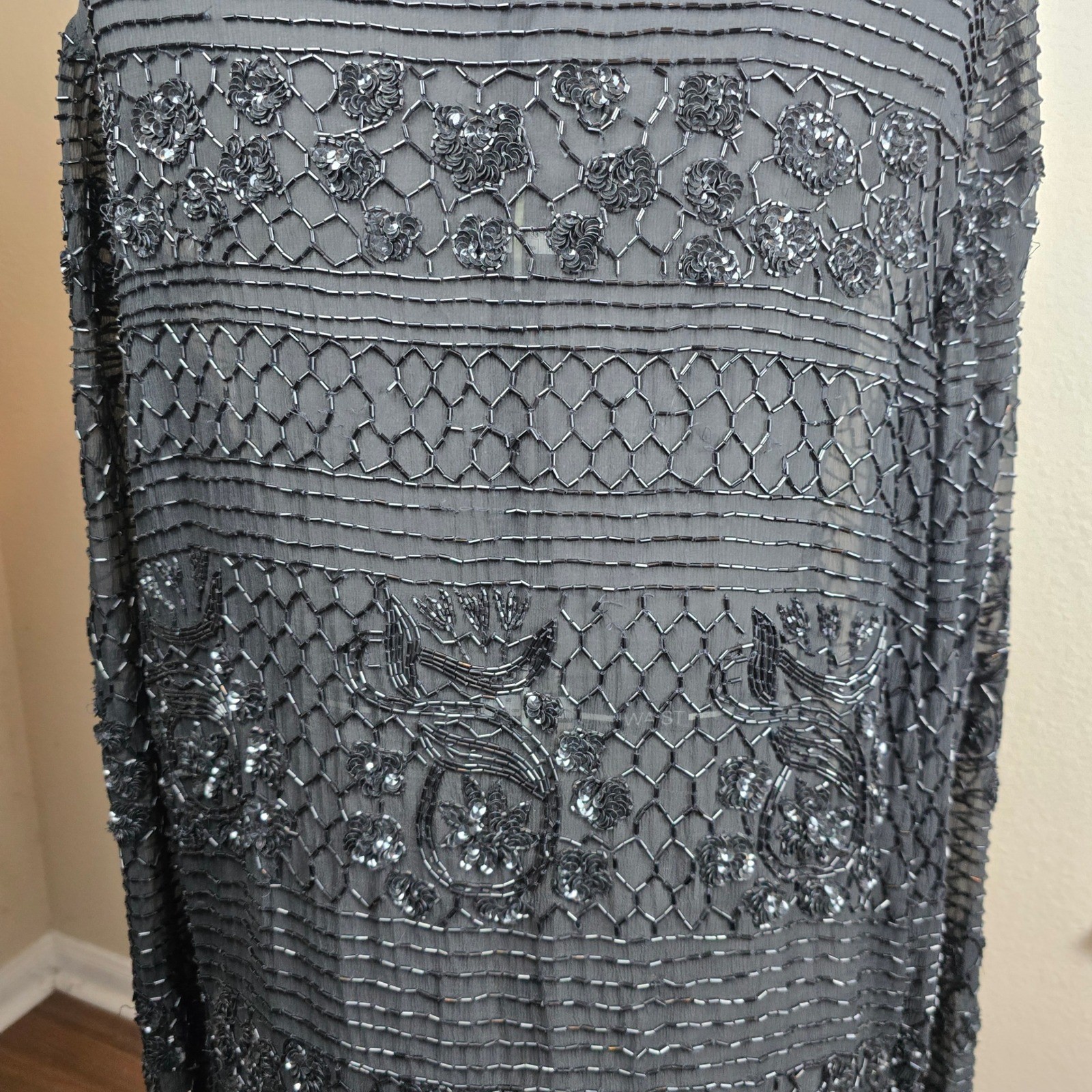 Vintage Adrianna Papell Evening Silk Beaded Sequined Top Tunic Sheer Black XL