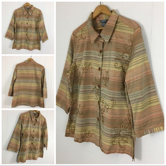 Vintage Koret City Blues Large Brown Silk Shirt Multi Color Striped Blouse
