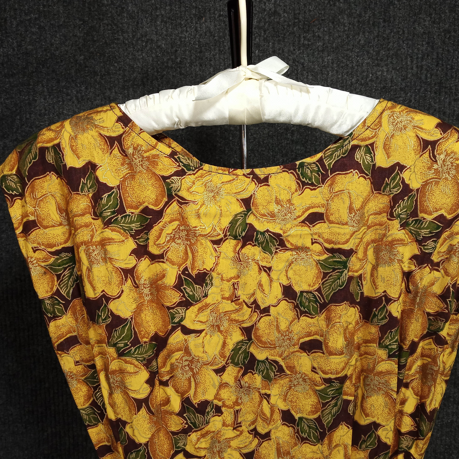 1960s Vintage Green and Orange Floral Dress with a Black Chiffon Underlayer