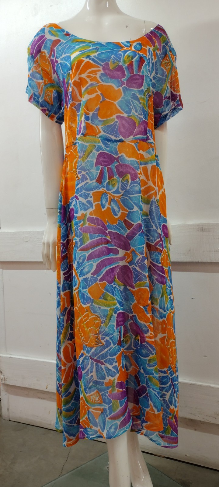 Vintage Sheer Midi Orange Dress Blue Rayon Sundress Sleeve Flowy S/M New 90s Tag