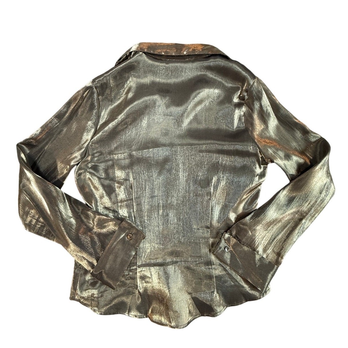 Vintage 90’s “Anxiety” Metallic Gold Iridescent Fitted Ladies Button-Down Blouse