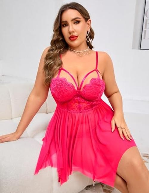 Plus Size Lingerie Mesh Lace Lingerie Top Babydoll Lingerie Large Rose Red