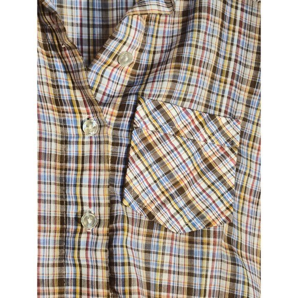 Vintage Langtry Ltd Plaid Tie Front Crop Top Brown Blue Yellow Short Sleeve S