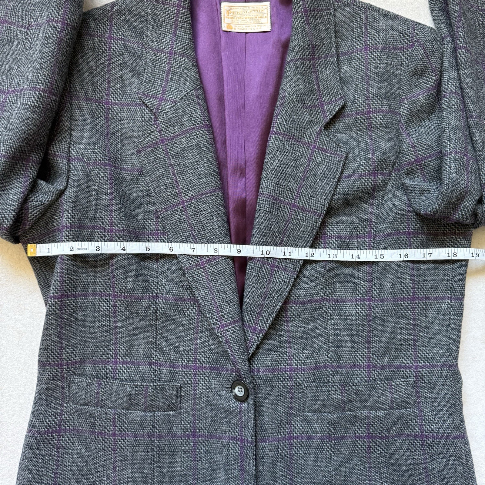 Pendleton Pure Virgin Wool Blazer Size 12 M/L Gray Purple Plaid Single Button