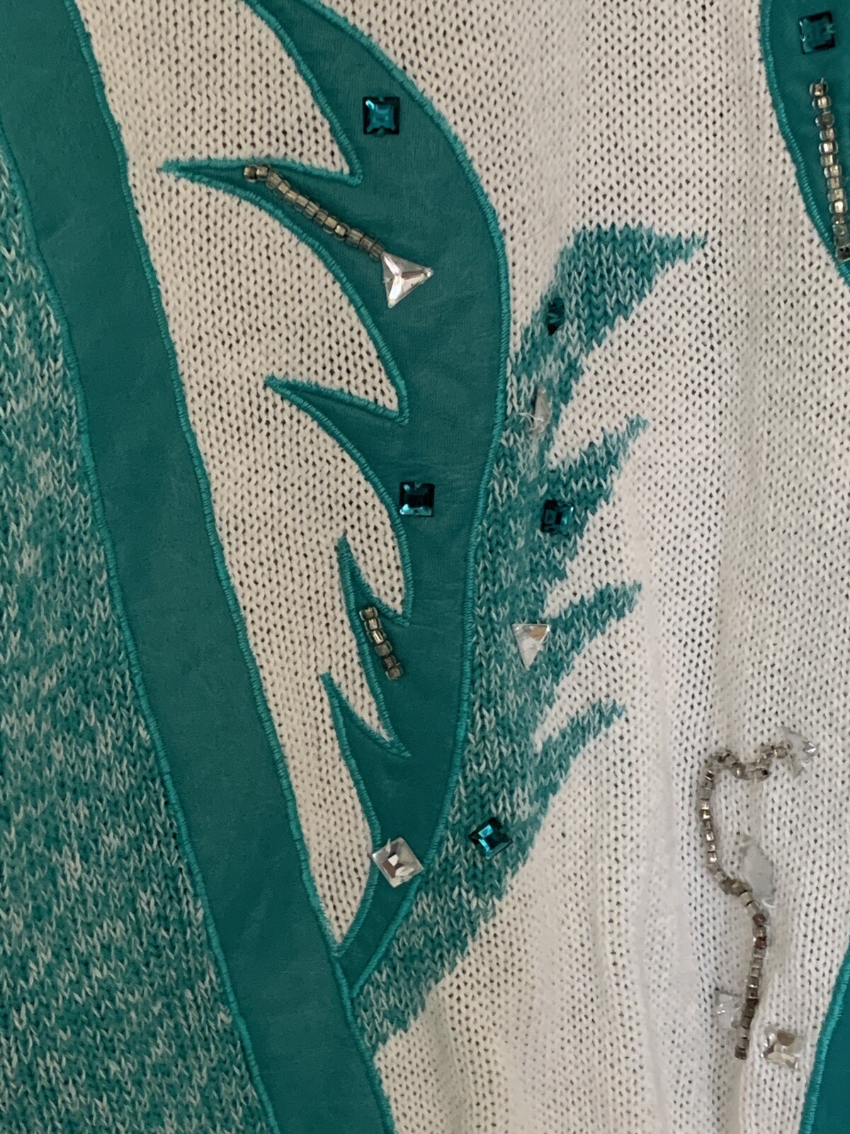 Vintage 80’s Teal & White Embellished Sweater w/Shoulder Pads By Pierre Lamonte