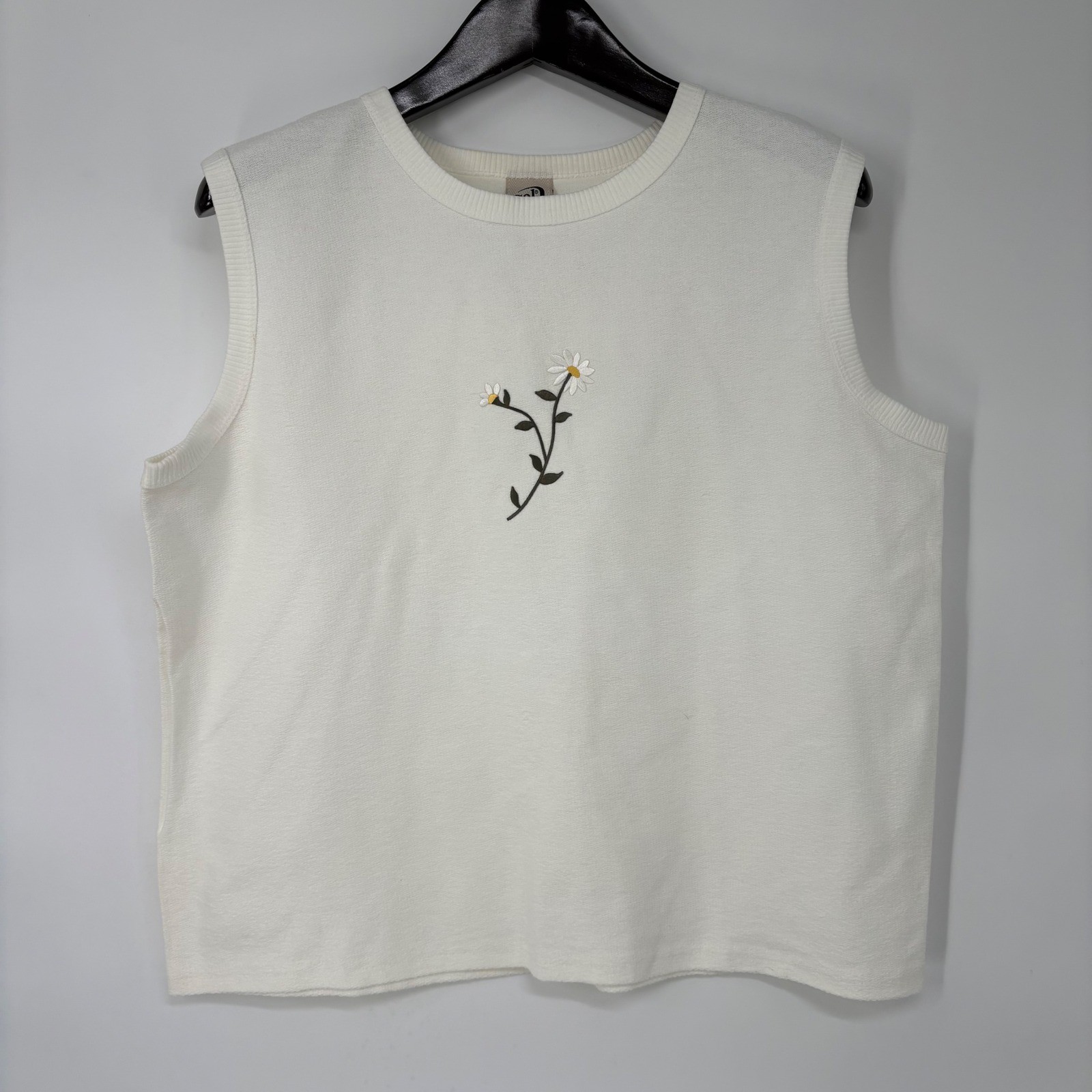Vintage Cal Cru Off White Daisy Embroidered Slub Cotton Knit Top XL Made in USA