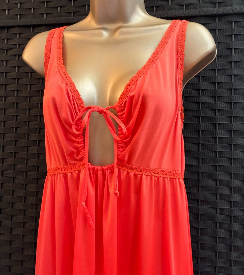 Vintage MISS ELAINE GRECIAN NIGHTGOWN Medium PEACH Orange Long Nylon Plunge Gown