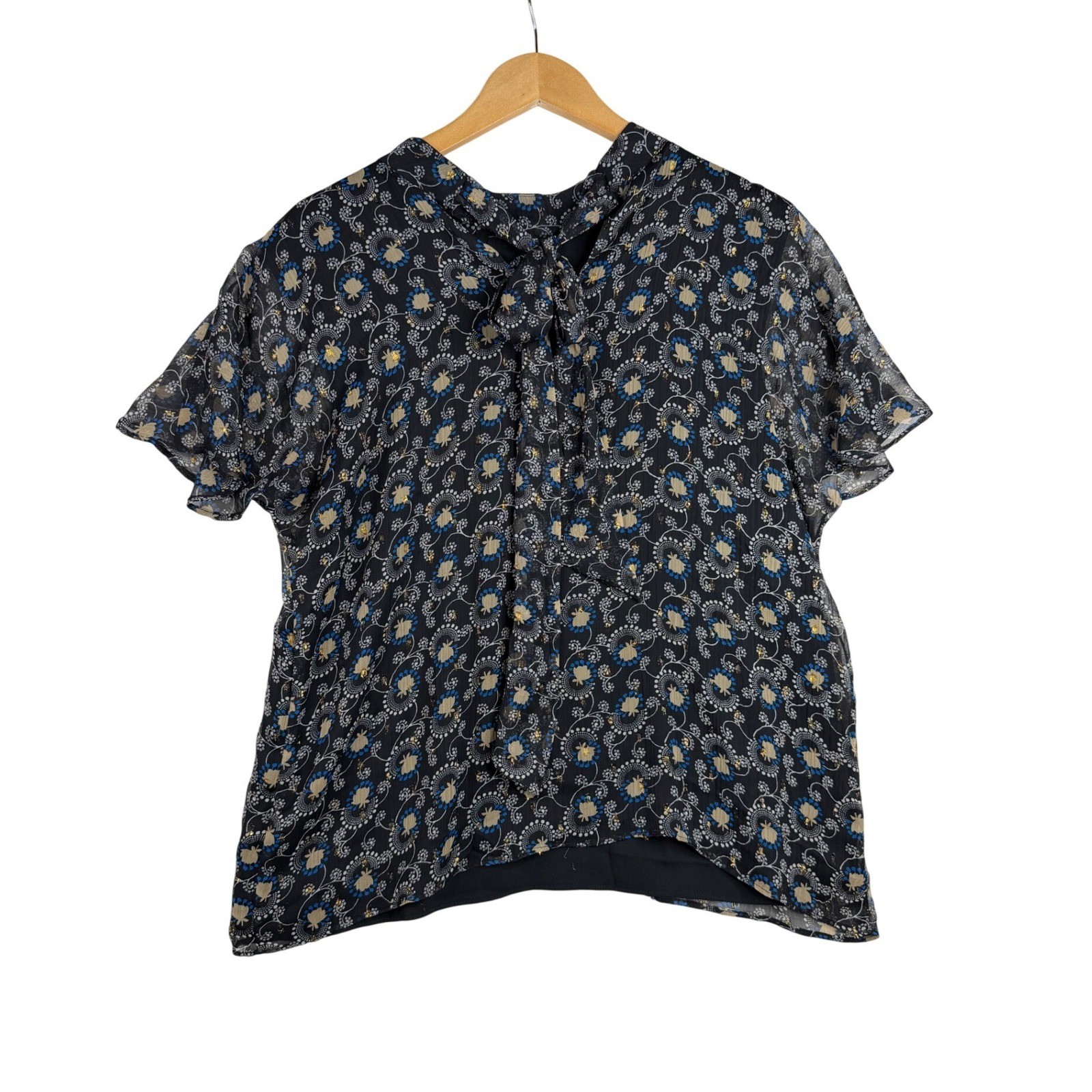 Ann Taylor Floral Print Short Sleeve Blouse size Medium Black/Yellow/Blue