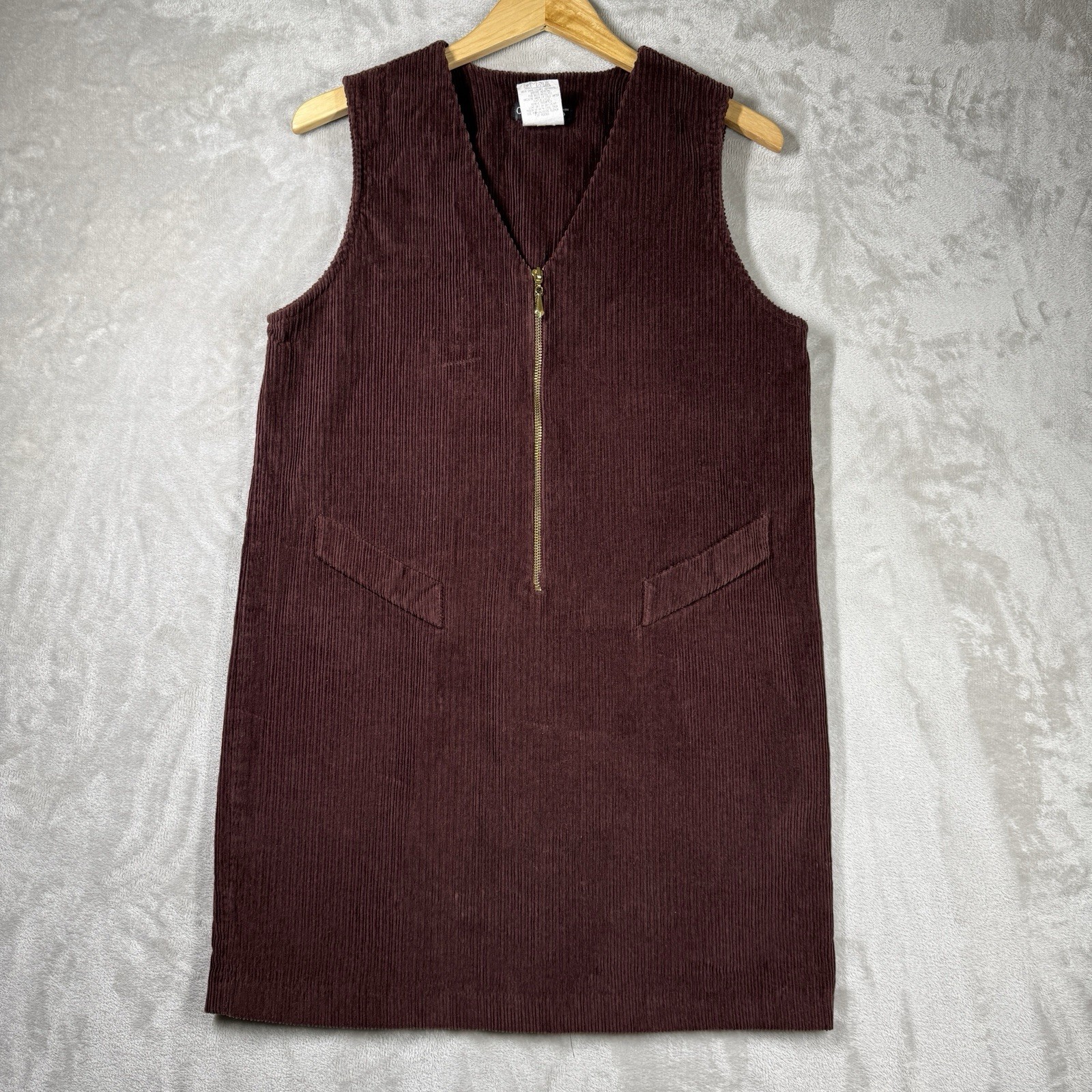 Vintage 90s Y2K Counterparts Corduroy Zip Mini Dress Jumper Brown Size 12