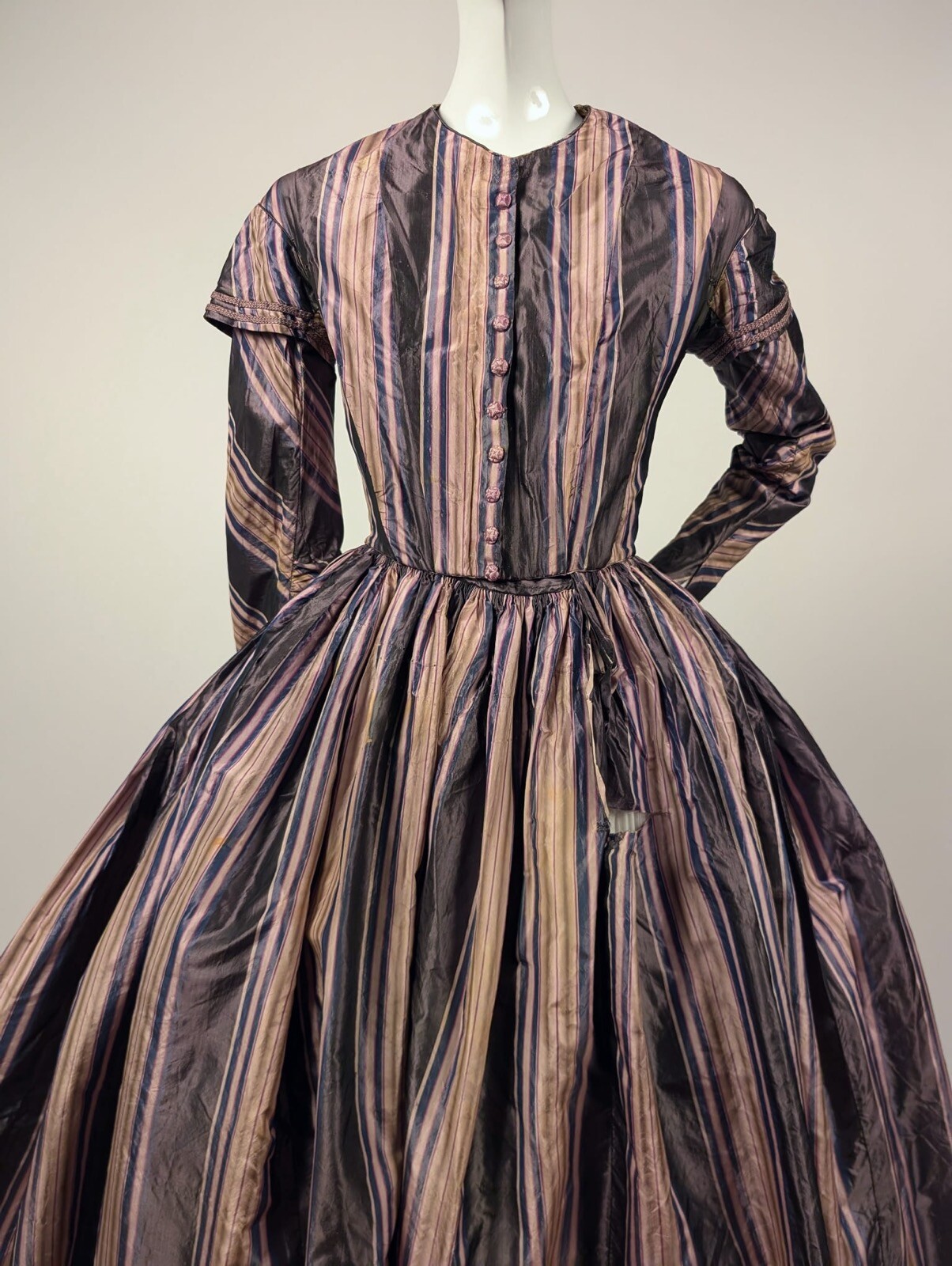 VIBRANT STRIPED HAND SEWN 1840’S SILK TAFFETA DRESS W EPAULETS
