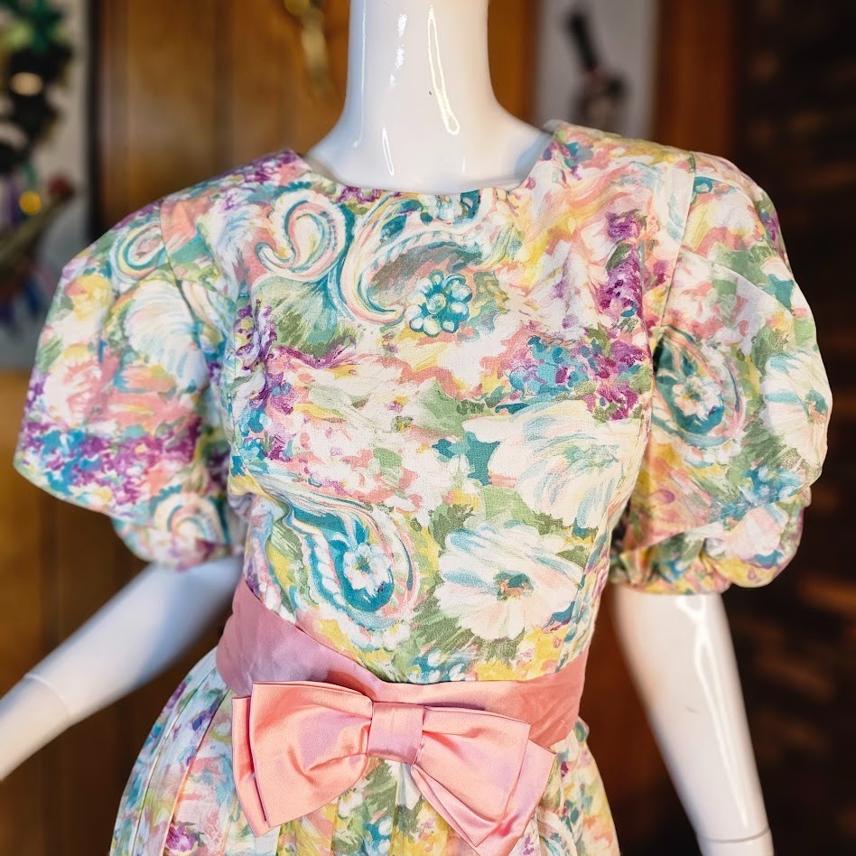 Vtg 80s Fever Dream Floral Romantic Garden Party Belted Bow Volup Tea Dress M/L
