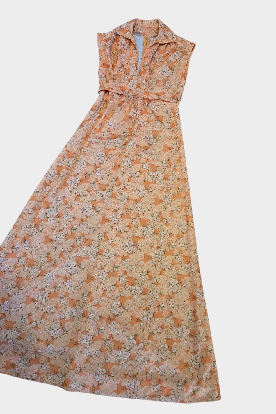 60s/70s Peachy Ditzy Floral Empire Waist Maxi Dress Tie Back Hostess, Boho GUC