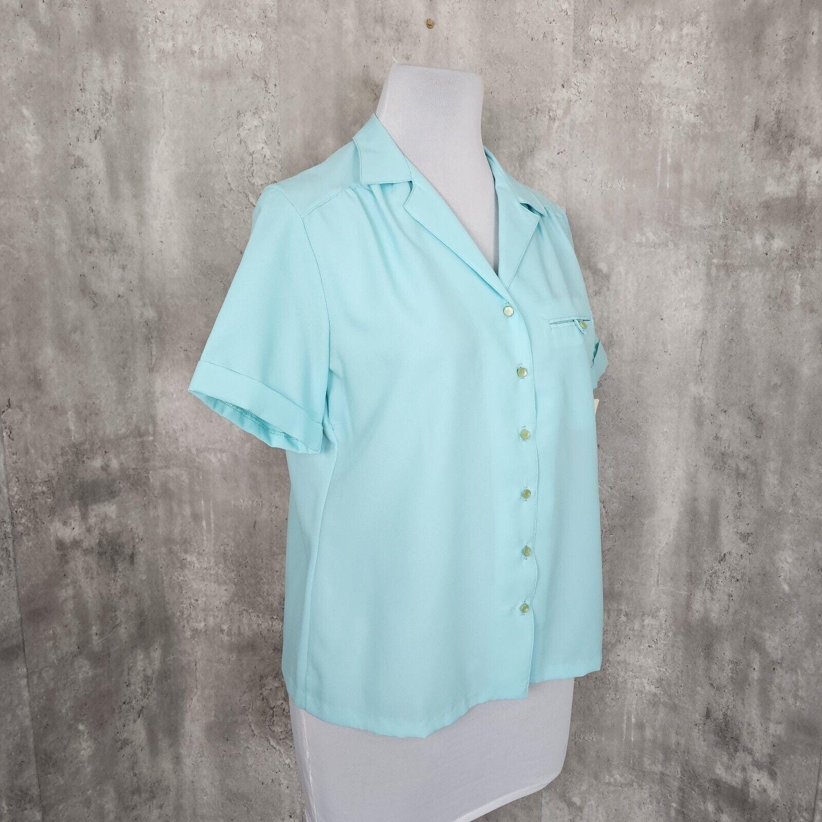 Vintage 70s 80s Its Gailord Womens 16 Turquoise Blue Textured Poly Blouse Top