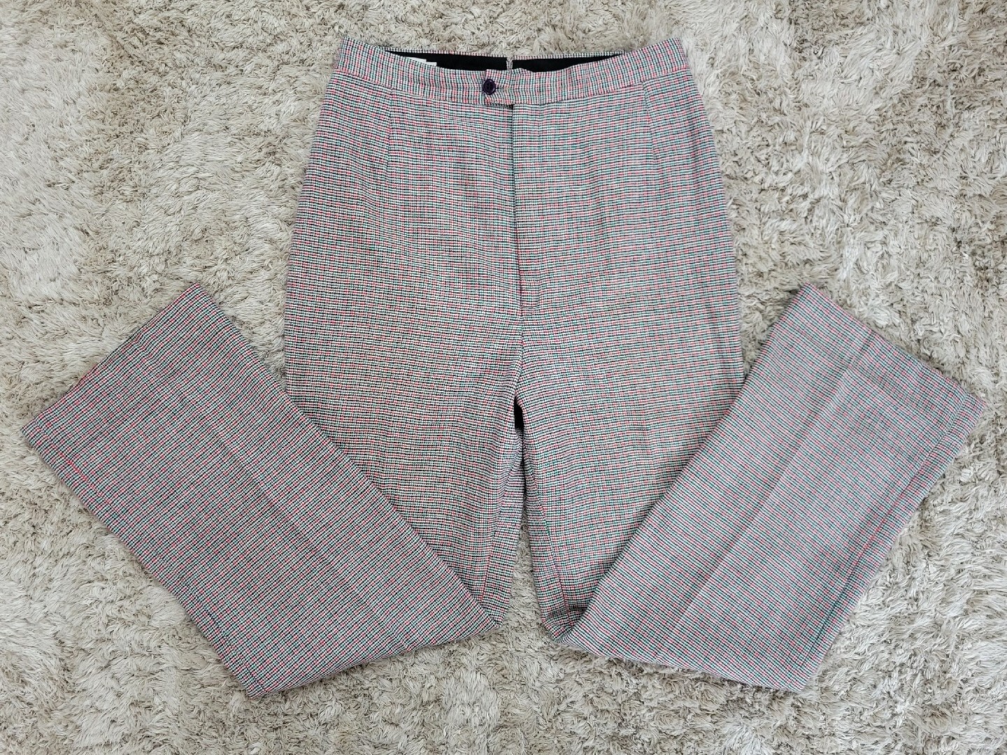 Vtg Saks Fifth Avenue Wool Trousers in Navy/Red/Green/Tan Houndstooth Size 11/12